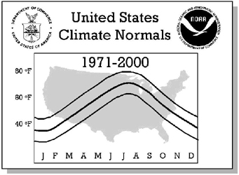 U.S. Climate Normals Logo - image of United States with sample line graph.