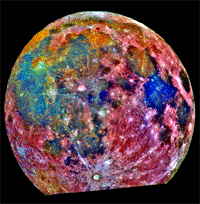 This false-color image shows the Moon's soil and mineral compostion. Mare Tranquillitatis - the 'Sea of Tranquility' - is the dark blue region on the right.