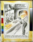Cartoon showing two men wearing overalls watching a woman wearing overalls bending over a tin of

muffins(?) she is feeding into a blast furnace