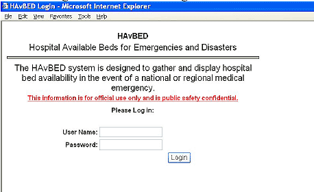 Figure shows a screen capture of the HavBED Login page.  The text reads: 'HAvBED: Hospital Available Beds for Emergencies and Disasters.  The HAvBED system is designed to gather and display hospital bed availability in the event of a national or regional medical emergency.  This information is for official use only and is public safety confidential.  Please Log In.' Below are two fields to enter a User Name and Password and a button labeled 'Login.'
