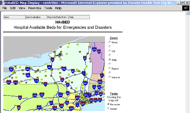 Figure shows the screen that appears when the user selects New York on the screen in Figure 32.  A map of New York shows the locations of the hospitals throughout the State. A zoom tool to the right of the map allows the user to zoom in closer on the map to a city, then to streets.  The user can also zoom out to a regional or national map.