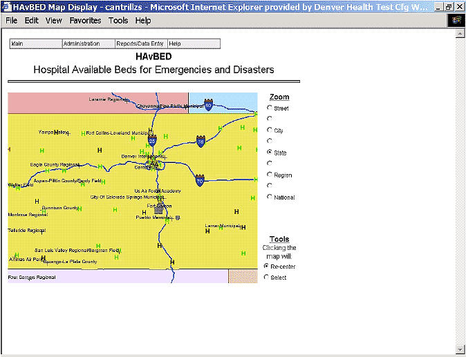 Figure shows a screen with GIS retrieval of Colorado data during the test period from June 27 through July 6, 2005. The screen shows the map of Colorado zoomed to the State level.
