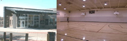 Photographs of recreation center exterior and basketball court within.