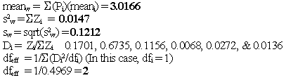 mean_w=Sum(P_i)(mean_i)=3.0166
s_w^2=Sum Z_i = 0.0147
s_w=sqrt(s_w^2)=0.1212
D_i=Z_i/(Sum Z_i) 0.1701, 0.6735, 0.1156, 0.0068, 0.0272, & 0.0136
df_eff = 1/(Sum(D_i^2/df_i)) (In this case, df_i = 1)
df_eff = 1/0.4969=2
