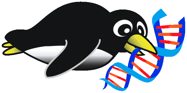 Picture of Linux Penguin with double helix signifying open source solutions to bioinformatics problems.