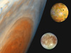 A composite of the Jovian system, includes the edge of Jupiter with its Great Red Spot, and two of Jupiter's four largest moons, known as the Galilean satellites.