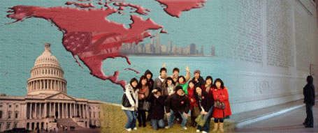 A collection of images including a map of North America, the United States capitol building, a group of Korean students in front of the Chicago skyline, and a single Korean student gazing at engravings on the Lincoln memorial.