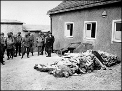 American troops, including African American soldiers from the Headquarters and Service Company of the 183rd Engineer Combat Battalion, 8th Corps, U.S. 3rd Army, view corpses stacked behind the crematorium during an inspection tour of the Buchenwald concentration camp. Among those pictured is Leon Bass (the soldier third from left). Buchenwald, Germany, April 17, 1945.