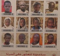International Red Cross Poster showing photographs of children in refugee camp in Chad. Titled "Help us find our family." Chad, 2005