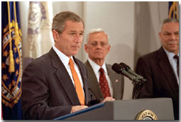 "We put the world's financial institutions on notice: if you do business with terrorists, if you support them or sponsor them, you will not do business with the United States of America," said President George W. Bush in his address to the Financial Crime Enforcement Network in Vienna, Va., Nov. 7. White House photo by Paul Morse.