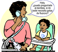 La madre en el teléfono y dice: Hola, ¿Puedo preguntarle al dentista, si mi bebé necesita gotas de fluororo?