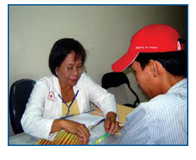 An adherence counselor at the PEPFARsupported
Binh Thanh Out Patient Clinic
shows a patient how to fill and use a pill box
to support antiretroviral treatment adherence.