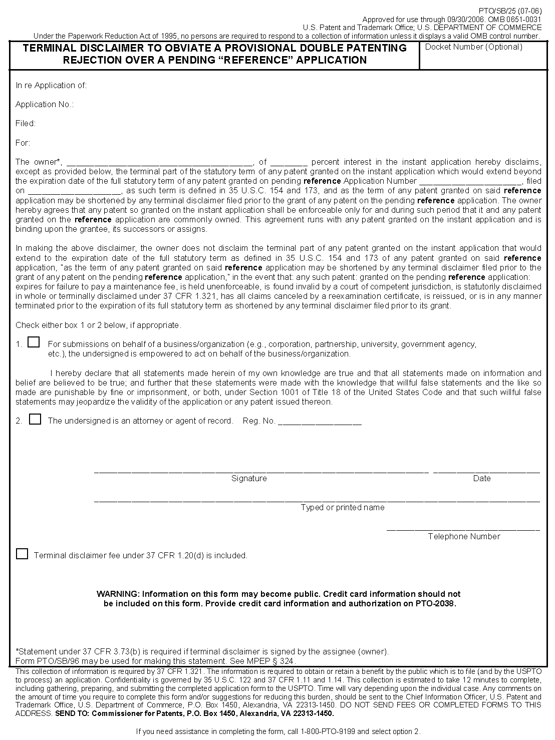 form pto/sb/25. terminal disclaimer to obviate a provisional double patenting rejection over a pending 