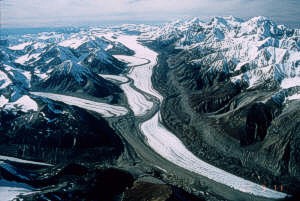 Sept. 11, 1986 photo of Black Rapids Glacier. (click on image for large version.)