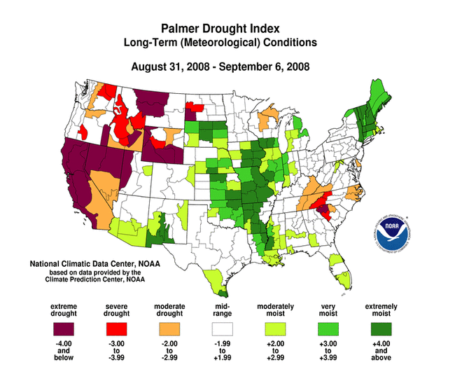 Palmer Drought Index Map, Week Ending September 6, 2008