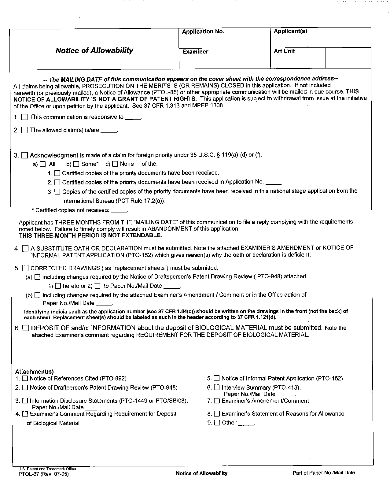 ptol-37. notice of allowability