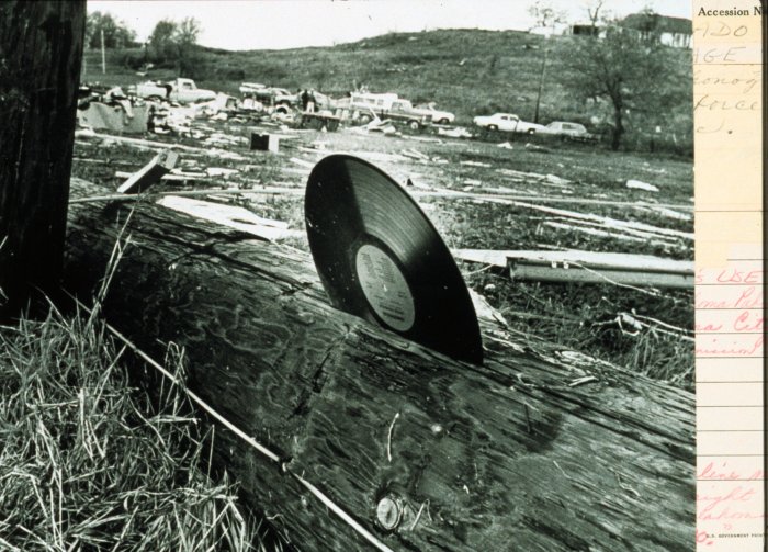 Picture of an LP record through telephone pole