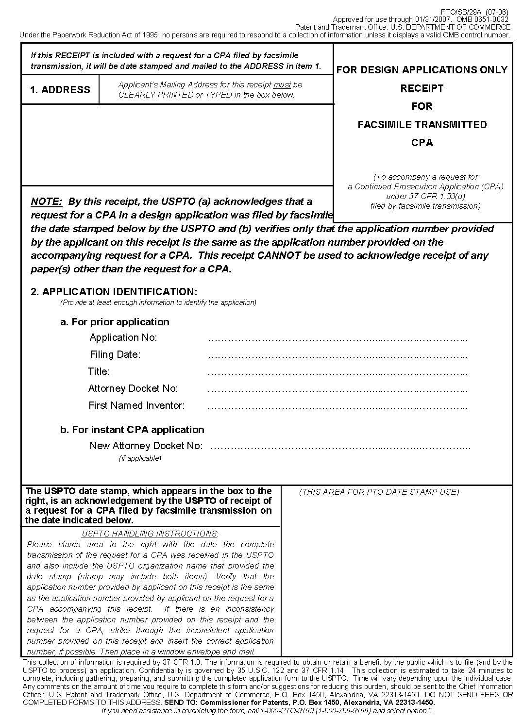 form pto/sb/29a. receipt for facsimile transmitted cpa