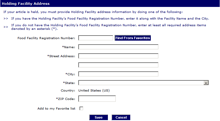 PNSI: The Prior Notice: Holding Facility (Enter) page, part 2