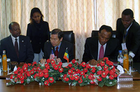 United States Ambassador to Ethiopia Donald Yamamoto and Ethiopia’s State Minister for Foreign Affairs Tekeda Alemu sign a Peace Corps Country Agreement.  Photo by Ethiopia PEPFAR Team