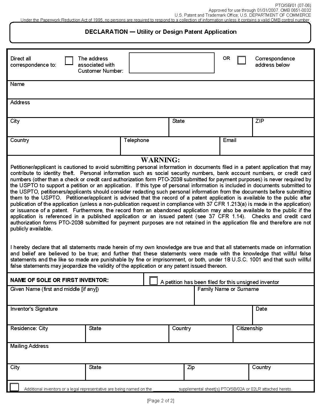 declaration - utility or design patent application