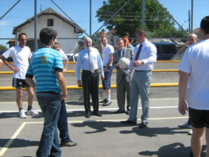 Getting ready to play (from left): Dr. Michael Farbman, USAID/Director, Peter Duffy, Program Officer, Nenad Rasic, Minister, Ministry of Labour and Social Welfare.