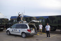 NSSL/OU NO-XP mobile radar and other NSSL vehicles prepare to intercept Hurricane Ike at the Brazoria County Airport north of Lake Jackson, Texas.