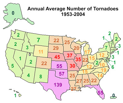 Annual average number of tornadoes by state