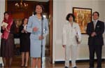 Photo of Secretary Rice with Iranian artists (far left and right), Ambassador Stuart Holiday (far right) and Assistant Secretary Dina Habib Powell (left) meets with the media after touring the art exhibition “Wishes and Dreams,” featuring artists from Iran.