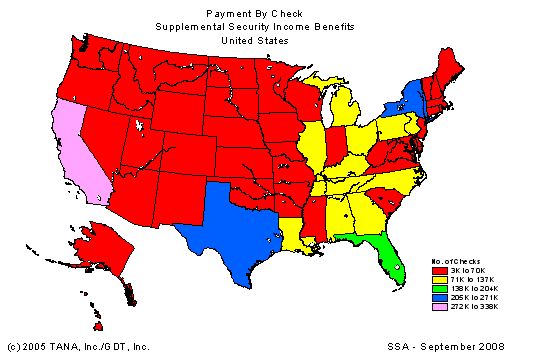 US map showing number of checks issued in each state