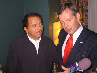 January 14, 2008 – U.S. Secretary of Health and Human Services (HHS) Michael O. Leavitt and Nicaraguan President Daniel Ortega Saavedra speak to the press after the inauguration of the Honorable Álvaro Colóm as President of the Republic of Guatemala, in Guatemala City.