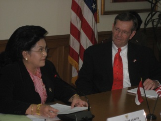 April 14, 2008 – The Honorable Michael O. Leavitt, U.S. Secretary of Health and Human Services, meets with the Honorable Siti Fadilah Supari, Ph.D. Minister of Health of the Republic of Indonesia. The two discussed U.S.-Indonesian cooperation on health matters, and the Secretary questioned Indonesia's policy on not sharing viral samples of human cases of H5N1 influenza with the World Health Organization. (Photo Credit: Christopher Hickey)
