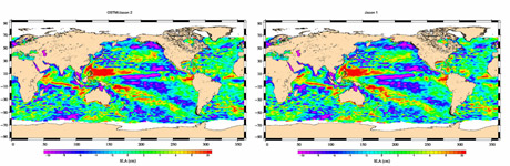 A OSTM/Jason-2 map of sea-level anomalies from July 4 to July 14, 2008, compared to the same 10-day period of data from Jason-1.