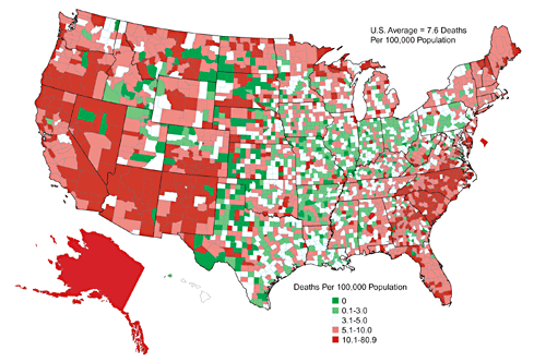 Average annual deaths per 100,000 population from causes with explicit mention of alcohol by county, United States, 1986–90 