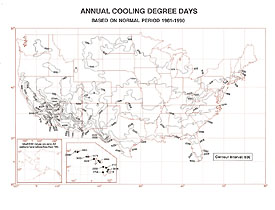 Sample map of 1951-1980 Mean Annual Cooling Degree Days; Click here for a larger image.