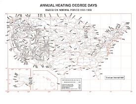 Sample map of 1951-1980 Mean Annual Heating Degree Days; Click here for a larger image.