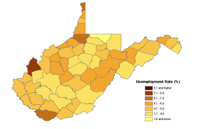 Unemployment rates in West Virginia by county, July 2008