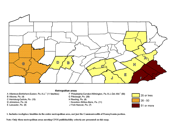 Chart 1. Total workplace fatalities for metropolitan areas in Pennsylvania, 2006 