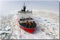 U.S. Coast Guard Cutter Healy cutting through ice in the Arctic Ocean. Coast Guard photo, Aug. 9, 2006.