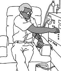 Ilustración de una persona sentada en un asiento haciendo el tratamiento de la hemodiálisis