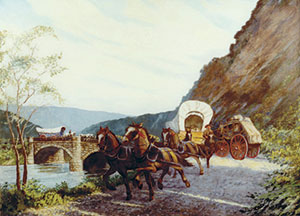 Carl Rakeman, an artist with the U.S. Bureau of Public Roads (BPR), depicted the National Road at Willis Creek just west of Cumberland, MD, showing the Conestoga wagons and stagecoaches that were common on the road in its heyday.