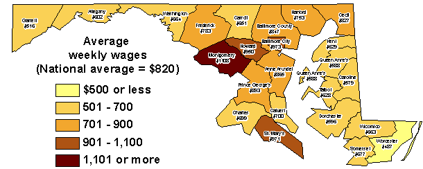 Average weekly wages by county in Maryland (data from table 2)