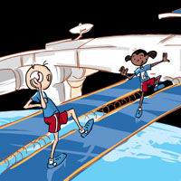 Fit Kids balancing on a solar array of the ISS.
