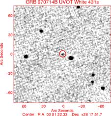 Swift's Ultraviolet Optical Telescope captured this image of the afterglow of GRB 070714B, the farthest short gamma ray burst with a measured distance.