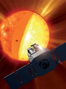 Artist's concept of SOHO examining the center of the sun