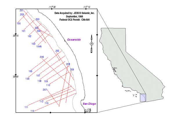 Map showing area near Oceanside, Callifornia, for which seismic survey data is available to the public.