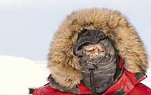 Jody Deming hides behind the fur-lined hood of her insulated parka.