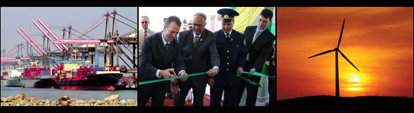 Left to right: Ships unloading at post [AP/WWP] ; A/S Sullivan and officials from Turkmenistan and Afghanistan cut the ribbon at the opening of a new border crossing post between the two countries, a concrete manifestation of Secretary Rice's vision to promote regional economic integration and prosperity in South-Central Asia ; Windmills [AP/WWP]