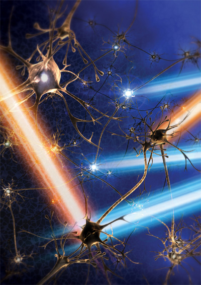 Artist’s rendering of light pulses switching neurons on and off.