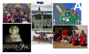 Clockwise from upper left: children in Nepal; castle, Neuschwanstein, Germany; cricket in Nairobi, Kenya; women in Bolivia; dragon boat races, Taiwan; Giza, Egypt. AP photos